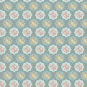 May include: A seamless pattern featuring a repeating design of stylized floral bouquets in shades of pink, yellow, and green. The bouquets are arranged in a geometric pattern on a light blue background.