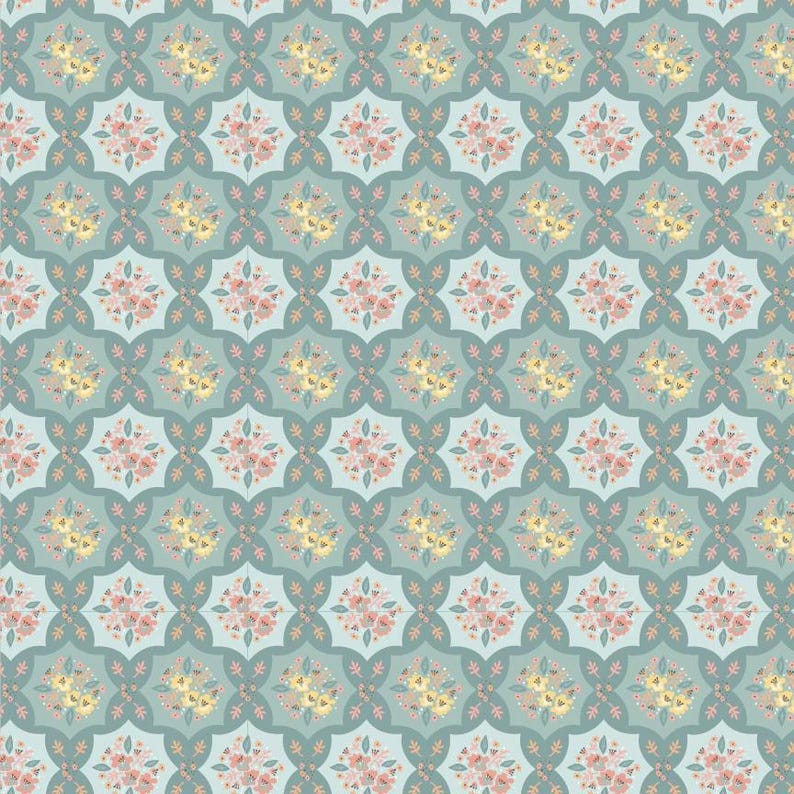 May include: A seamless pattern featuring a repeating design of stylized floral bouquets in shades of pink, yellow, and green. The bouquets are arranged in a geometric pattern on a light blue background.