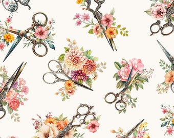 Tossed Floral Scissors - Happy Place, Timeless Treasures, shabby chic sewing theme fabric, vintage scissors, 100% cotton by the yard