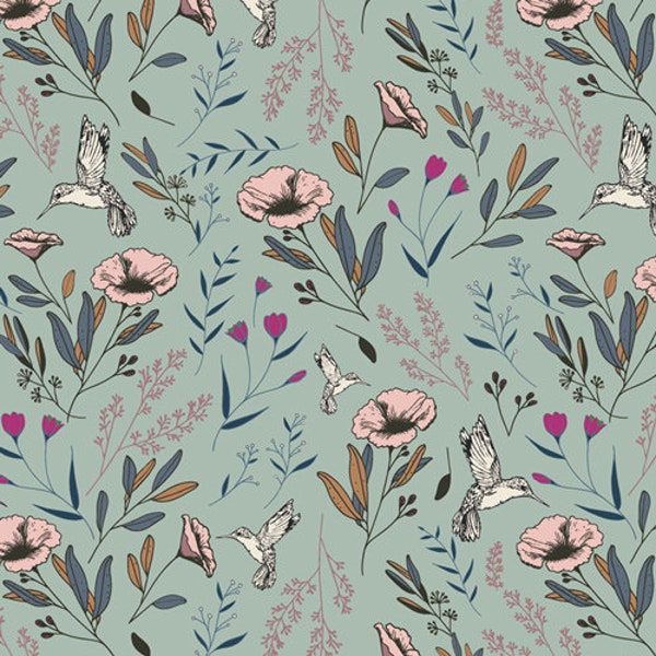 AGF jersey knit, Mystical Land--Magic Fauna waterfall, floral knit dress fabric, baby jersey knit, 50% 4 way stretch fabric