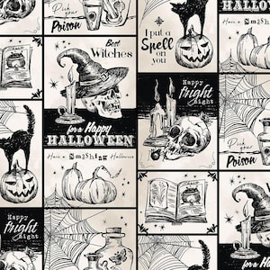 May include: A black and white digital paper with a Halloween theme. The paper features various illustrations including pumpkins, witches, skulls, spiders, and potion bottles. The text on the paper includes "Happy Fright Night", "Pick Your Poison", "Best Witches", "I Put a Spell on You", "For a Happy Halloween", and "Have a Smashing Halloween".