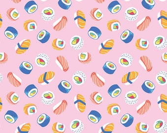 Sushi-Stoff, Rainbowfruit von Riley Blake – wie wir in Blütenblattrosa rollen, Lebensmittelstoff, Kinder-Baumwollstoff, Sommerstoff, 100 % Baumwolle