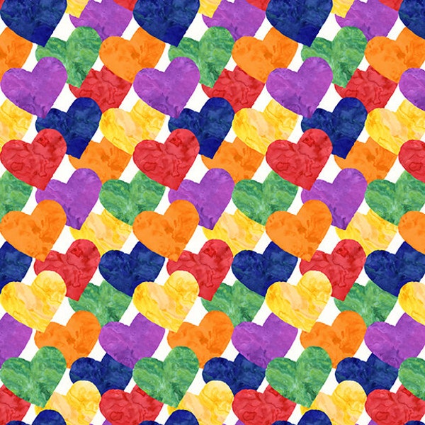 Better Together by Blank Quilting-- allover hearts-- rainbow hearts fabric, kids fabric, 100% cotton by the yard