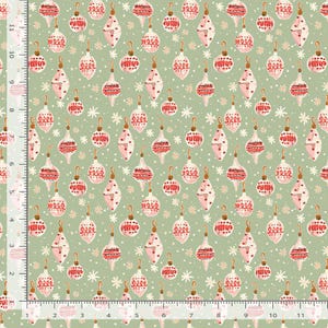 May include: A repeating pattern of Christmas ornaments in red, pink, and white on a light green background. The ornaments have various shapes and designs, including stripes and dots. White snowflake accents are scattered throughout the design.