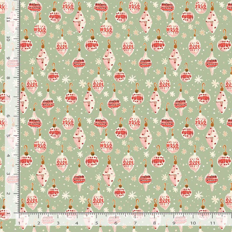 May include: A repeating pattern of Christmas ornaments in red, pink, and white on a light green background. The ornaments have various shapes and designs, including stripes and dots. White snowflake accents are scattered throughout the design.