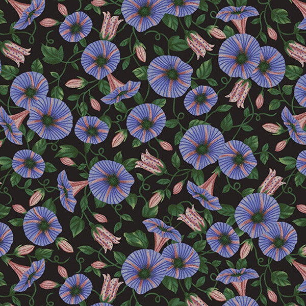 Morning Glories - Dark Forest by Melissa Wang for Studio E Fabrics-- periwinkle floral fabric, forest quilt fabric, 100% cotton by the yard