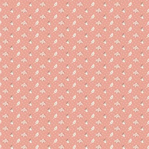 May include: A seamless pattern featuring a repeating design of small white flowers and leaves on a light pink background.