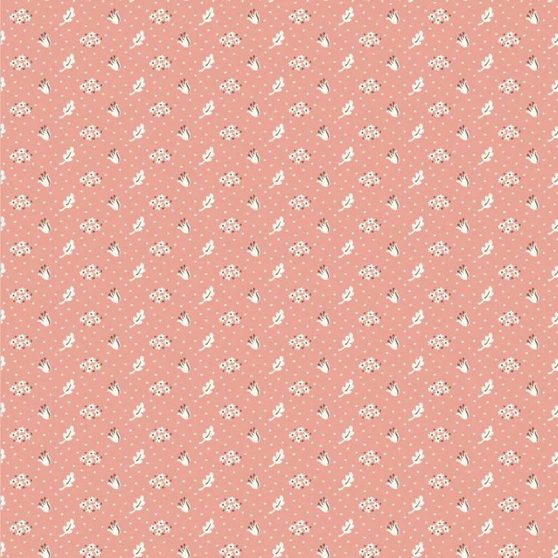 May include: A seamless pattern featuring a repeating design of small white flowers and leaves on a light pink background.