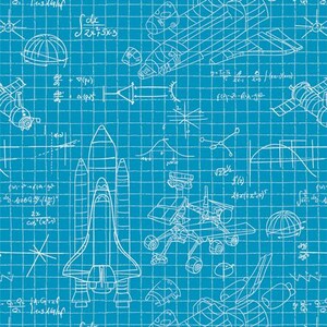 May include: A blue blueprint-style pattern featuring white line drawings of rockets, space shuttles, satellites, and mathematical equations. The design includes a grid background, creating a technical and scientific aesthetic.
