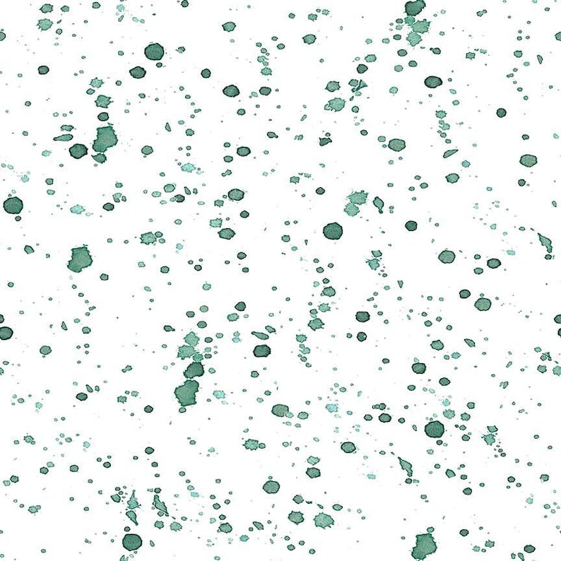May include: White background with a repeating pattern of teal-colored paint splatters. The splatters vary in size and density, creating a textured, abstract design. The overall effect is a modern, artistic look.