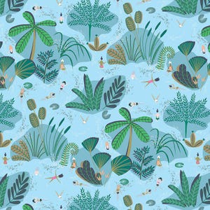 Pineapple Crush -- Suns Out -- Dear Stella, summer swimming fabric, tropical lagoon, palm trees, ocean, 100% cotton by the yard