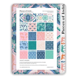 May include: A fabric bundle titled "Pieces of India" by Western Wildflower Studio. The bundle includes 18 fat quarters with various patterns in shades of blue, pink, and green. The design features floral, animal, and geometric motifs. The text "Pieces of India" is visible.