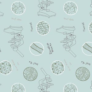 May include: A light blue seamless pattern featuring line drawings of microscopes and circular illustrations of plant cells and leaf structures. Text includes "leaf 100x", "Plant cell", "Dandelion Stem 4x", and "Onion Mitosis 10x".