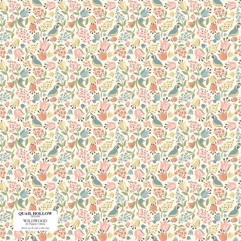 May include: A seamless pattern featuring a repeating design of stylized birds, flowers, and leaves. The background is a light cream color, and the pattern is in shades of pink, blue, yellow, and green.