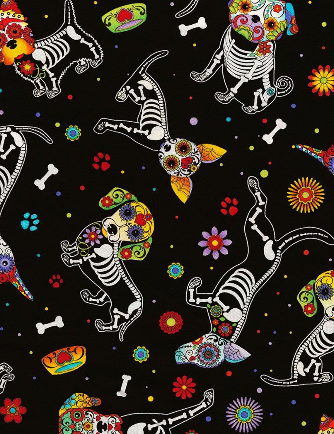 Cat sugar skull fabric Day of the Dead petsTimeless Etsy
