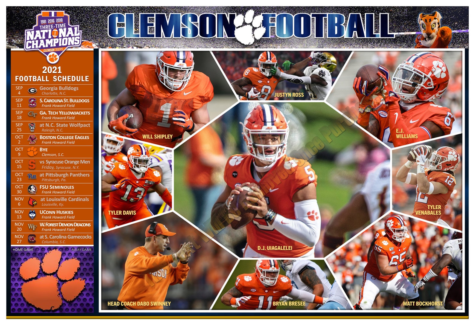 The 2021 Clemson Tigers 19x13 Pictorial Football Schedule Etsy UK