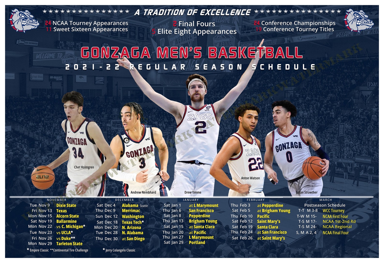 Gonzaga Bulldogs 202122 Pictorial Basketball Schedule 19x13 Etsy