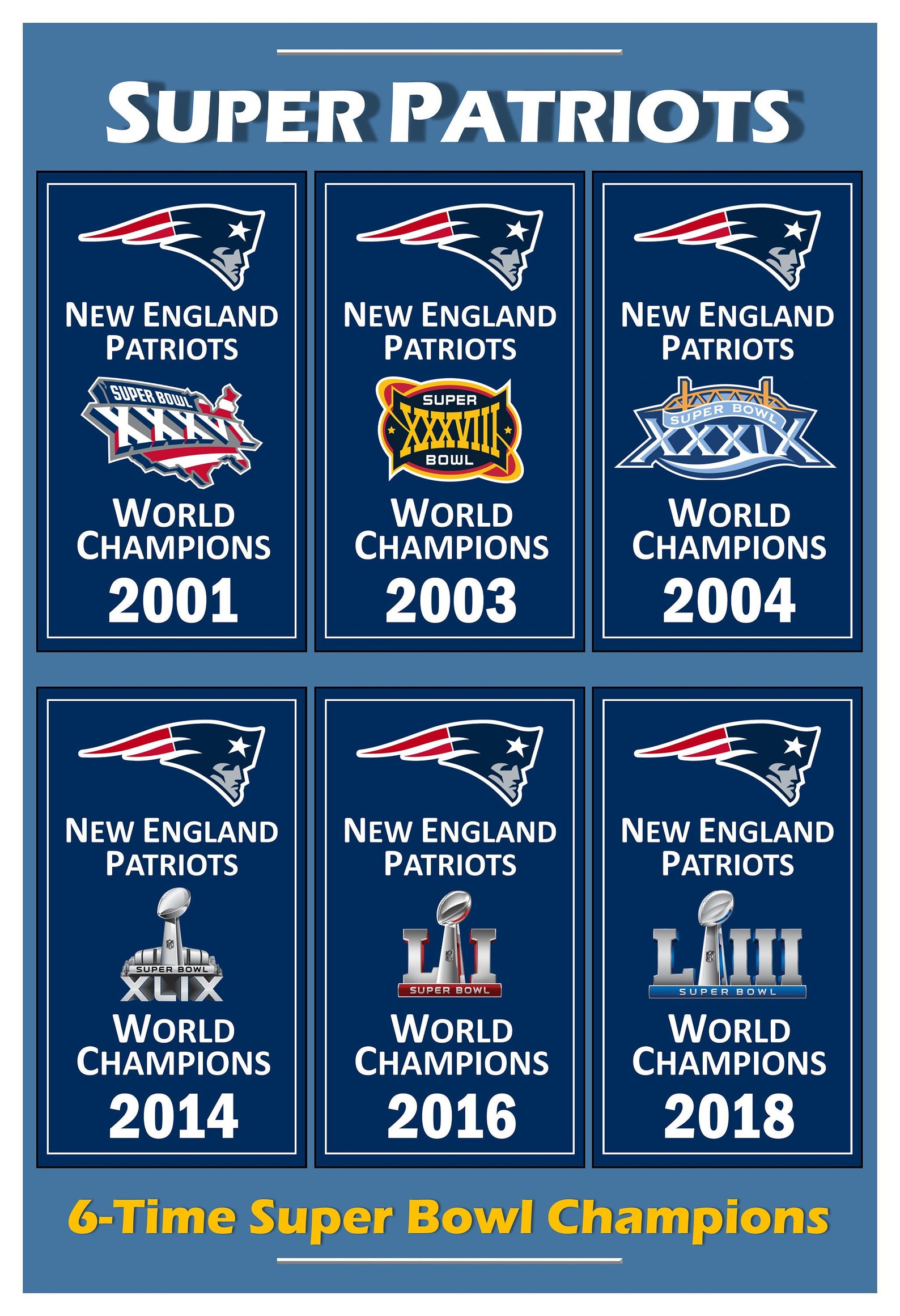 Patriots 6Time Super Bowl Champion Banners 13x19 Etsy