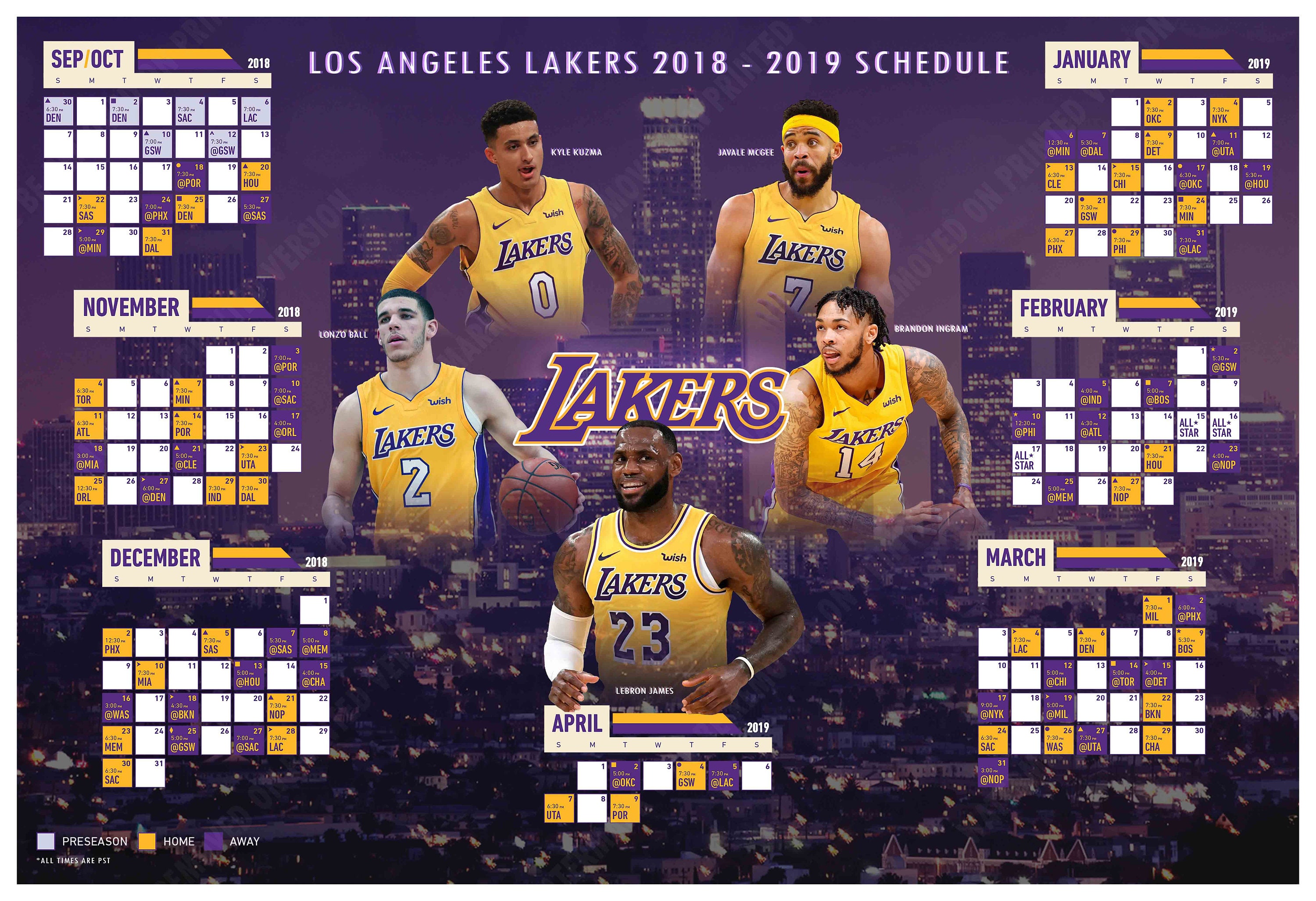 Los Angeles Lakers 20182019 Regular Season Schedule Poster Etsy