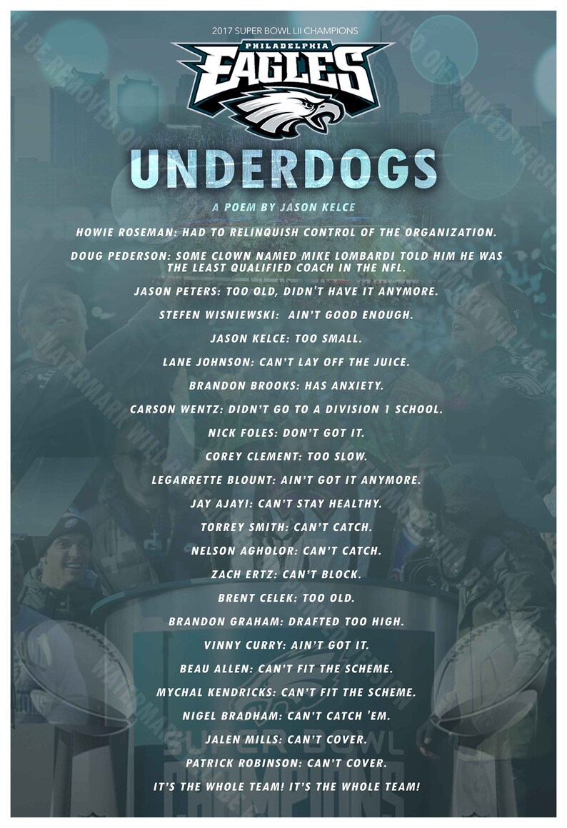 Jason Kelce's Underdogs Poem After the Eagles | Etsy