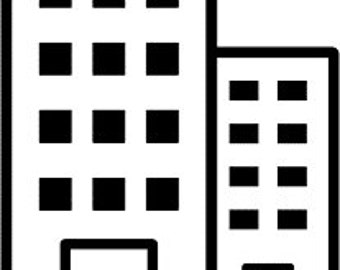 May include: A black and white illustration of two office buildings with windows and doors.