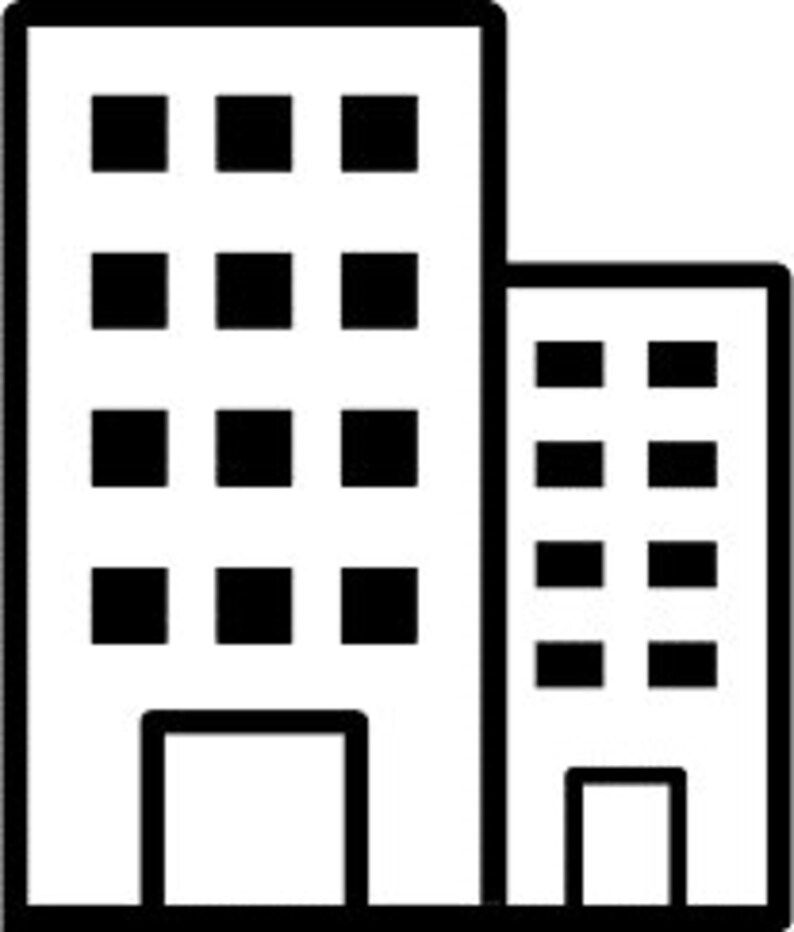 May include: A black and white illustration of two office buildings with windows and doors.