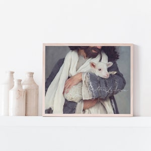 Art Print, Jesus Christ Holding Lamb, Religious painting, Christian Art, Good Shepard, Wall Decor, Horizontal, Faith, Spiritual,