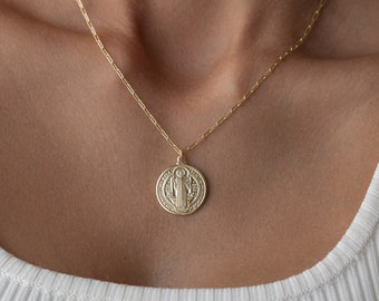 St. Benedikt Halskette - Katholischer Schmuck - Schutzmedaillen-Halskette - Goldmünzen-Halskette - Kruzifix-Halskette - Büroklammer-Halskette