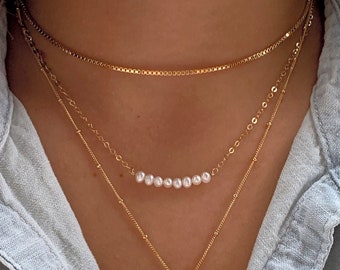 14k GF Perlenkette, Brautjungferngeschenk, zierliche Halskette, Süßwasserperlen, Weihnachtsgeschenke