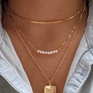 14k GF パールネックレス、花嫁介添人ギフト、上品なネックレス、淡水真珠、クリスマスギフト
