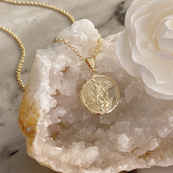 Gold gefüllte St. Michael Erzengel Halskette, San Miguel Halskette, Protección Halskette, Münzkette