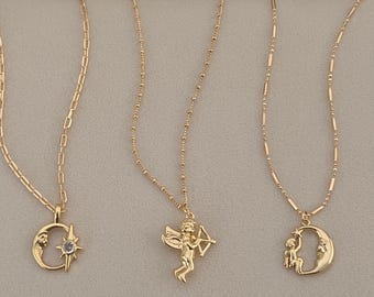 Gold Filled Halskette mit Mond und Stern Anhänger, Amor Engel Halskette, Himmlischer Minimalistischer Schmuck, Geschenk für Sie, Zarter Schmuck