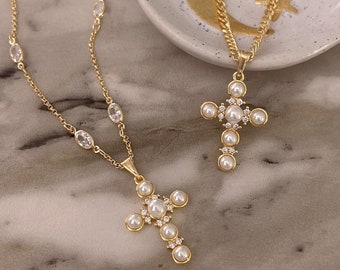 Gold gefüllte Perle Kreuz Halskette, CZ Kreuz Halskette, Anlaufschutz Halskette, Brautjungfern Geschenke, Geschenk für sie