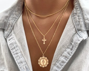 14K GF-munt ketting wonderbaarlijke Maagd Maria, gouden religieuze medaillonketting, beschermingsketting
