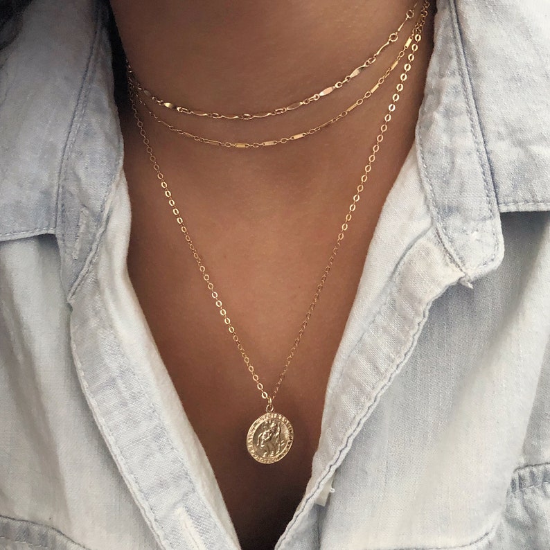 Gift for her Christmas gifts Gold Medallion Necklace Miraculous gold necklace St Christopher 14K GF Gold Coin necklace