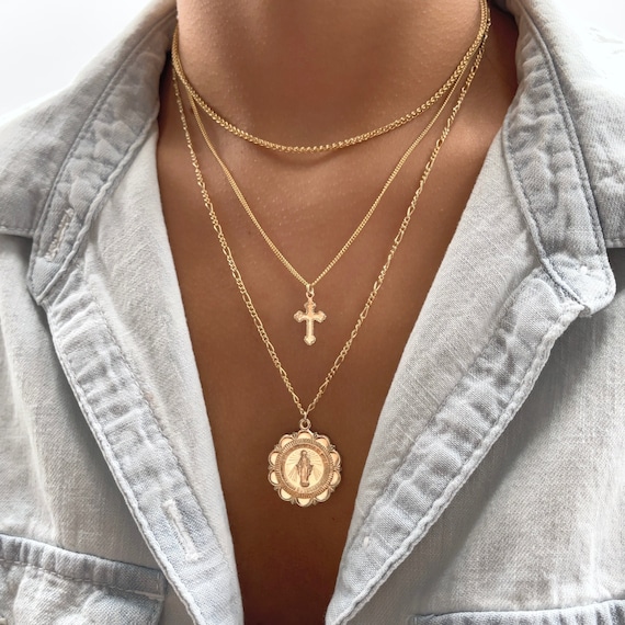 14K GF Coin Miraculous Virgin Mary necklace, Gold Religious Medallion necklace, Protection Necklace