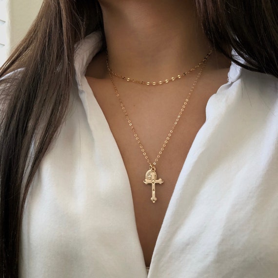 14K GF Cross Virgin Mary necklace Gift for her Dainty gold | Etsy
