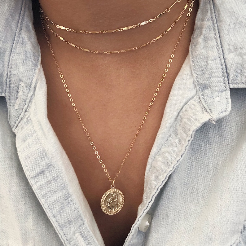 Gift for her Christmas gifts Gold Medallion Necklace Miraculous gold necklace St Christopher 14K GF Gold Coin necklace