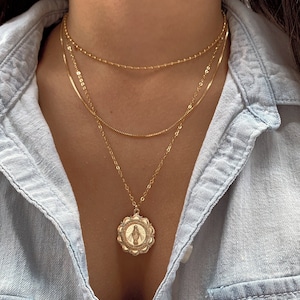 14K GF Gold coin necklace, Miraculous Virgin Mary, Medallion necklace, Bridesmaid gift, Christmas gifts