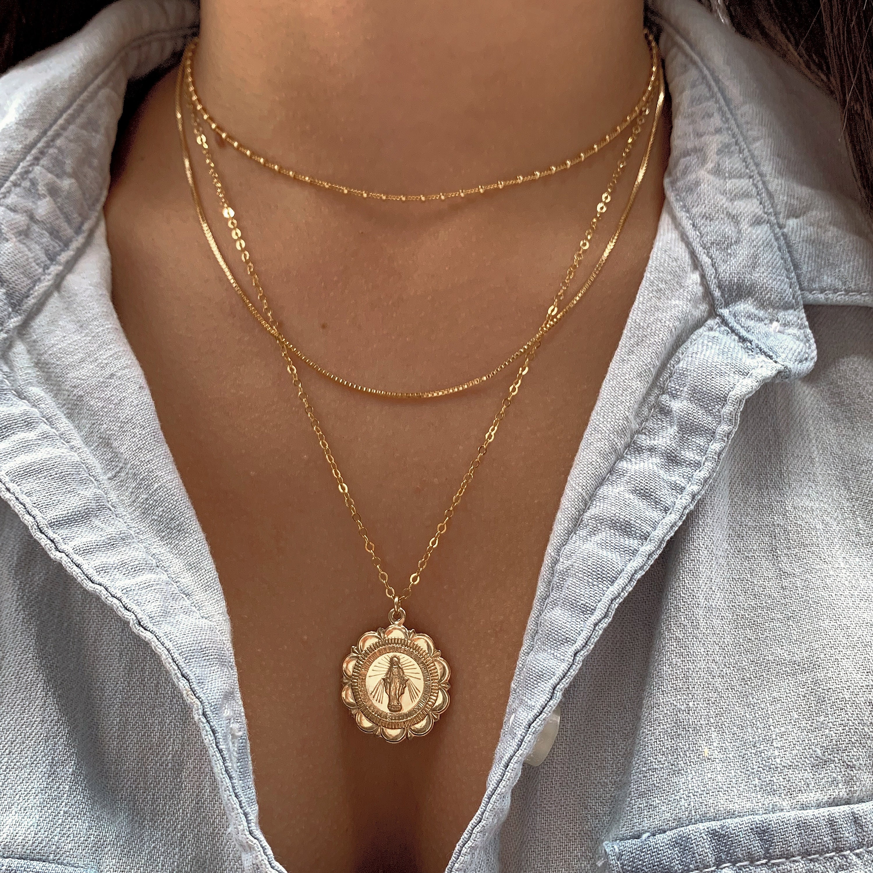 14K GF Gold Coin Necklace Miraculous Virgin Mary Medallion