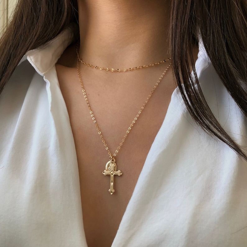 14K GF Cross Virgin Mary necklace Gift for her Dainty gold | Etsy