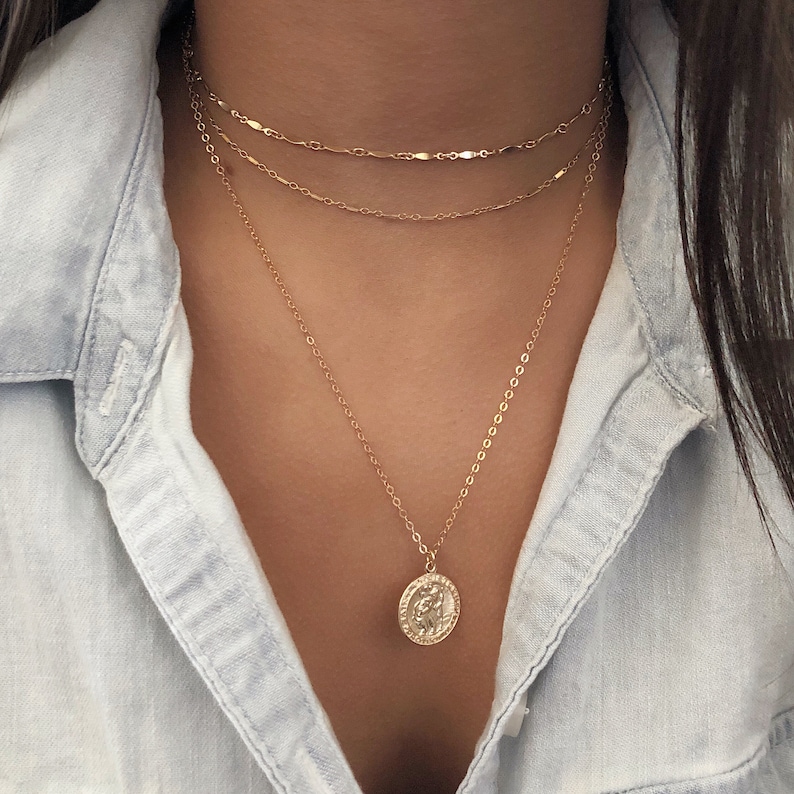 Gift for her Christmas gifts Gold Medallion Necklace Miraculous gold necklace St Christopher 14K GF Gold Coin necklace