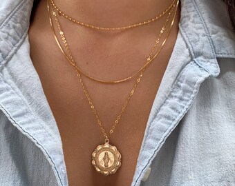 14K GF Gold coin necklace, Miraculous Virgin Mary, Medallion necklace, Bridesmaid gift, Christmas gifts