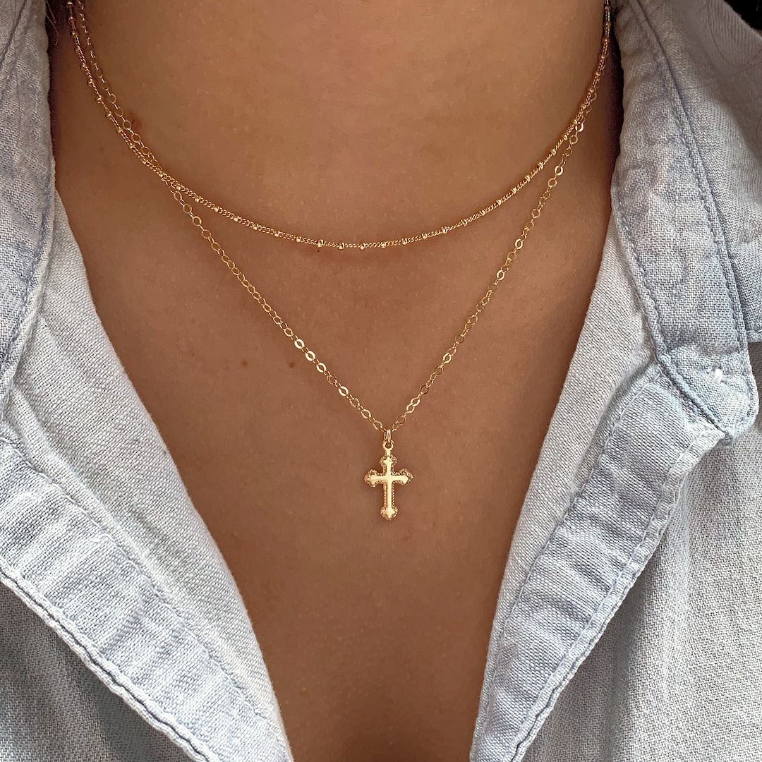 14k GF Tiny Gold Cross Necklace, Dainty Cross Necklace, Small Cross