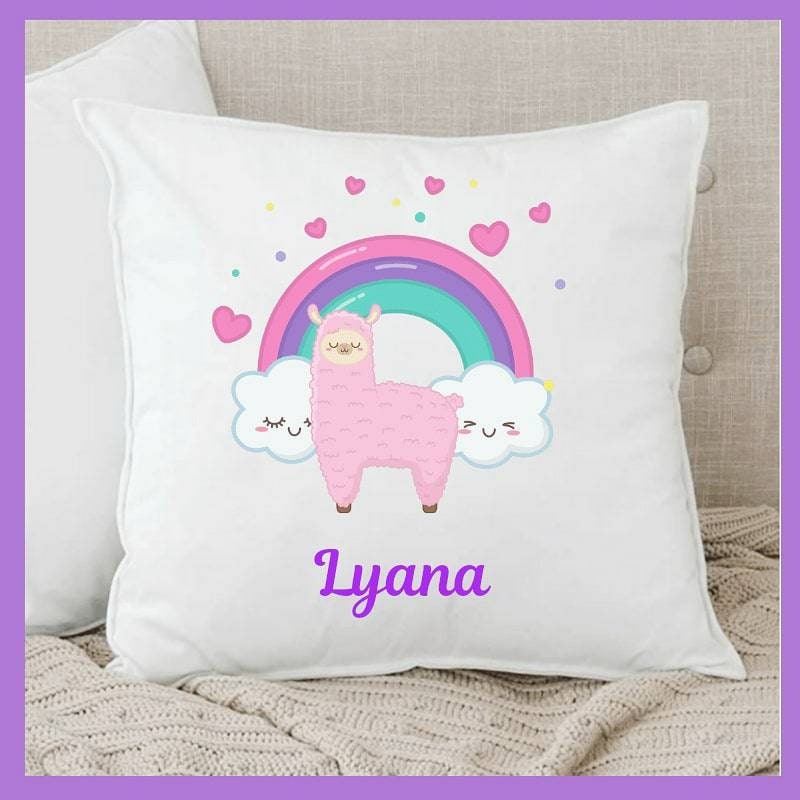 Coussin Bébé Personnalisé, Coussin Prénom , Motif Lama et Arc en Ciel