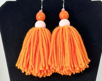 Boho Chic Orange Bead Tassel Earrings - Handmade Statement Jewelry