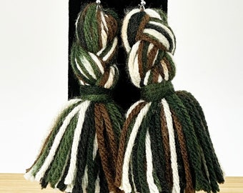 Camouflage Braided Tassel Earrings - Handmade Statement Jewelry