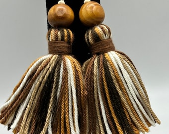 Brown Skein Wood Bead Tassel Earrings