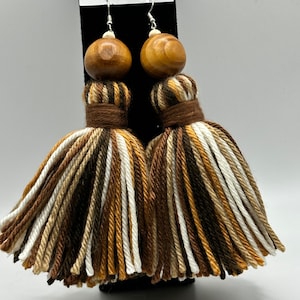 Brown Skein Wood Bead Tassel Earrings