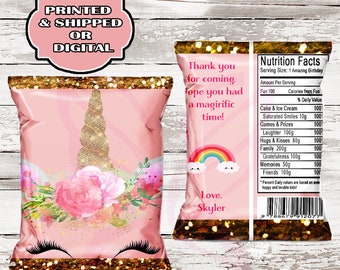 May include: Pink and gold unicorn-themed treat bag with a rainbow and clouds. The bag has the text "Thank you for coming. Hope you had a magirific time! Love. Skyler" and a nutrition facts label with the text "Fun 100, Calories from Fun, % Daily Value".